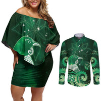 New Zealand Matariki Couples Matching Off Shoulder Short Dress and Long Sleeve Button Shirt Maori Tui Bird Green Galaxy DT05 Green - Polynesian Pride