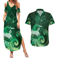 New Zealand Matariki Couples Matching Summer Maxi Dress and Hawaiian Shirt Maori Tui Bird Green Galaxy DT05 Green - Polynesian Pride