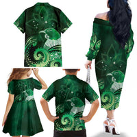 New Zealand Matariki Family Matching Off The Shoulder Long Sleeve Dress and Hawaiian Shirt Maori Tui Bird Green Galaxy DT05 - Polynesian Pride