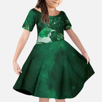 New Zealand Matariki Family Matching Off Shoulder Maxi Dress and Hawaiian Shirt Maori Tui Bird Green Galaxy DT05 Daughter's Dress Green - Polynesian Pride