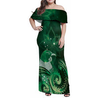 New Zealand Matariki Family Matching Off Shoulder Maxi Dress and Hawaiian Shirt Maori Tui Bird Green Galaxy DT05 Mom's Dress Green - Polynesian Pride