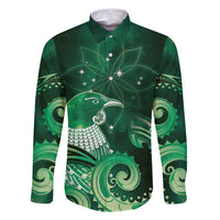 New Zealand Matariki Family Matching Summer Maxi Dress and Hawaiian Shirt Maori Tui Bird Green Galaxy DT05 Dad's Shirt - Long Sleeve Green - Polynesian Pride