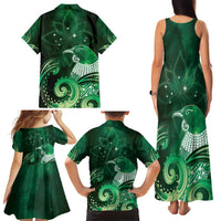 New Zealand Matariki Family Matching Tank Maxi Dress and Hawaiian Shirt Maori Tui Bird Green Galaxy DT05 - Polynesian Pride