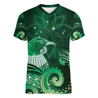 New Zealand Matariki Women V-Neck T-Shirt Maori Tui Bird Green Galaxy DT05 Female Green - Polynesian Pride