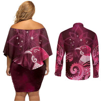 New Zealand Matariki Couples Matching Off Shoulder Short Dress and Long Sleeve Button Shirt Maori Tui Bird Magenta Galaxy DT05 - Polynesian Pride