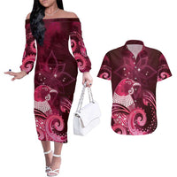 New Zealand Matariki Couples Matching Off The Shoulder Long Sleeve Dress and Hawaiian Shirt Maori Tui Bird Magenta Galaxy DT05 Magenta - Polynesian Pride