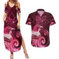 New Zealand Matariki Couples Matching Summer Maxi Dress and Hawaiian Shirt Maori Tui Bird Magenta Galaxy DT05 Magenta - Polynesian Pride