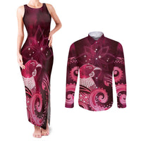 New Zealand Matariki Couples Matching Tank Maxi Dress and Long Sleeve Button Shirt Maori Tui Bird Magenta Galaxy DT05 Magenta - Polynesian Pride