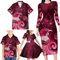 New Zealand Matariki Family Matching Long Sleeve Bodycon Dress and Hawaiian Shirt Maori Tui Bird Magenta Galaxy DT05 - Polynesian Pride