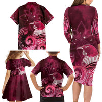 New Zealand Matariki Family Matching Long Sleeve Bodycon Dress and Hawaiian Shirt Maori Tui Bird Magenta Galaxy DT05 - Polynesian Pride