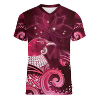 New Zealand Matariki Women V-Neck T-Shirt Maori Tui Bird Magenta Galaxy DT05 Female Magenta - Polynesian Pride