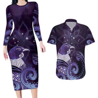 New Zealand Matariki Couples Matching Long Sleeve Bodycon Dress and Hawaiian Shirt Maori Tui Bird Purple Galaxy DT05 Purple - Polynesian Pride