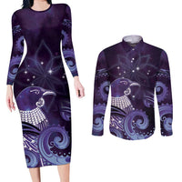 New Zealand Matariki Couples Matching Long Sleeve Bodycon Dress and Long Sleeve Button Shirt Maori Tui Bird Purple Galaxy DT05 Purple - Polynesian Pride