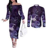New Zealand Matariki Couples Matching Off The Shoulder Long Sleeve Dress and Long Sleeve Button Shirt Maori Tui Bird Purple Galaxy DT05 Purple - Polynesian Pride