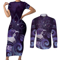 New Zealand Matariki Couples Matching Short Sleeve Bodycon Dress and Long Sleeve Button Shirt Maori Tui Bird Purple Galaxy DT05 Purple - Polynesian Pride