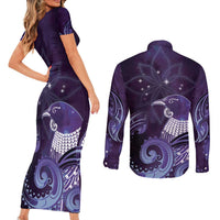 New Zealand Matariki Couples Matching Short Sleeve Bodycon Dress and Long Sleeve Button Shirt Maori Tui Bird Purple Galaxy DT05 - Polynesian Pride
