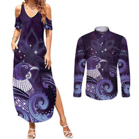 New Zealand Matariki Couples Matching Summer Maxi Dress and Long Sleeve Button Shirt Maori Tui Bird Purple Galaxy DT05 Purple - Polynesian Pride