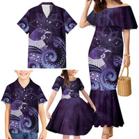 New Zealand Matariki Family Matching Mermaid Dress and Hawaiian Shirt Maori Tui Bird Purple Galaxy DT05 - Polynesian Pride