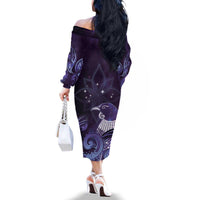 New Zealand Matariki Family Matching Off The Shoulder Long Sleeve Dress and Hawaiian Shirt Maori Tui Bird Purple Galaxy DT05 - Polynesian Pride