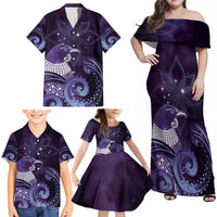 New Zealand Matariki Family Matching Off Shoulder Maxi Dress and Hawaiian Shirt Maori Tui Bird Purple Galaxy DT05 - Polynesian Pride