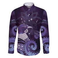 New Zealand Matariki Family Matching Short Sleeve Bodycon Dress and Hawaiian Shirt Maori Tui Bird Purple Galaxy DT05 Dad's Shirt - Long Sleeve Purple - Polynesian Pride