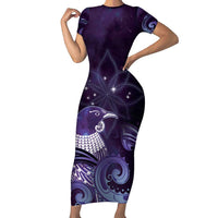 New Zealand Matariki Family Matching Short Sleeve Bodycon Dress and Hawaiian Shirt Maori Tui Bird Purple Galaxy DT05 Mom's Dress Purple - Polynesian Pride