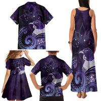 New Zealand Matariki Family Matching Tank Maxi Dress and Hawaiian Shirt Maori Tui Bird Purple Galaxy DT05 - Polynesian Pride
