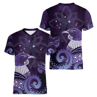 New Zealand Matariki Women V-Neck T-Shirt Maori Tui Bird Purple Galaxy DT05 - Polynesian Pride
