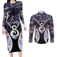 New Zealand Aotearoa Couples Matching Long Sleeve Bodycon Dress and Long Sleeve Button Shirt Pikorua Single Twist Pink Paua Shell DT05 Pink - Polynesian Pride