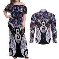 New Zealand Aotearoa Couples Matching Off Shoulder Maxi Dress and Long Sleeve Button Shirt Pikorua Single Twist Pink Paua Shell