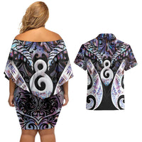 New Zealand Aotearoa Couples Matching Off Shoulder Short Dress and Hawaiian Shirt Pikorua Single Twist Pink Paua Shell DT05 - Polynesian Pride
