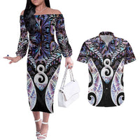 New Zealand Aotearoa Couples Matching Off The Shoulder Long Sleeve Dress and Hawaiian Shirt Pikorua Single Twist Pink Paua Shell DT05 Pink - Polynesian Pride