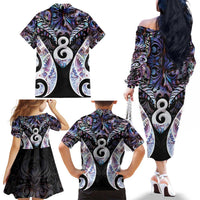 New Zealand Aotearoa Family Matching Off The Shoulder Long Sleeve Dress and Hawaiian Shirt Pikorua Single Twist Pink Paua Shell DT05 - Polynesian Pride