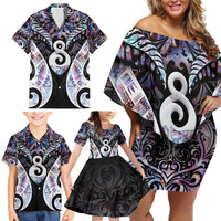 New Zealand Aotearoa Family Matching Off Shoulder Short Dress and Hawaiian Shirt Pikorua Single Twist Pink Paua Shell DT05 - Polynesian Pride