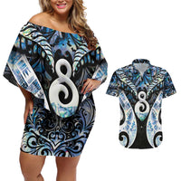 New Zealand Aotearoa Couples Matching Off Shoulder Short Dress and Hawaiian Shirt Pikorua Single Twist Green Paua Shell DT05 Green - Polynesian Pride