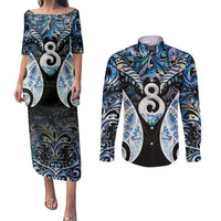 New Zealand Aotearoa Couples Matching Puletasi and Long Sleeve Button Shirt Pikorua Single Twist Green Paua Shell