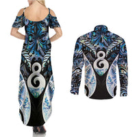 New Zealand Aotearoa Couples Matching Summer Maxi Dress and Long Sleeve Button Shirt Pikorua Single Twist Green Paua Shell