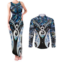 New Zealand Aotearoa Couples Matching Tank Maxi Dress and Long Sleeve Button Shirt Pikorua Single Twist Green Paua Shell