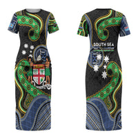 South Sea Islanders And Fiji Couples Matching Short Sleeve Bodycon Dress and Hawaiian Shirt Fijian Coat Of Arms And Southern Cross DT05 - Polynesian Pride