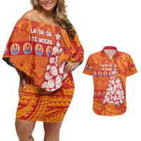 French Polynesia Christmas Couples Matching Off Shoulder Short Dress and Hawaiian Shirt Seashell Xmas Tree Tribal Waves - Polynesian Pride