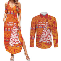 French Polynesia Christmas Couples Matching Summer Maxi Dress and Long Sleeve Button Shirt Seashell Xmas Tree Tribal Waves - Polynesian Pride