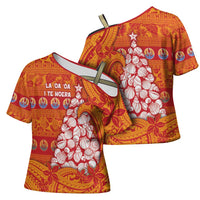 French Polynesia Christmas Cross Shoulder Shirt Seashell Xmas Tree Tribal Waves - Polynesian Pride