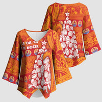 French Polynesia Christmas Kimono Sleeve Blouse Seashell Xmas Tree Tribal Waves - Polynesian Pride