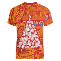 French Polynesia Christmas Women V-Neck T-Shirt Seashell Xmas Tree Tribal Waves - Polynesian Pride