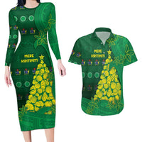 Cook Islands Christmas Couples Matching Long Sleeve Bodycon Dress and Hawaiian Shirt Seashell Xmas Tree Tribal Waves - Polynesian Pride