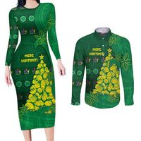 Cook Islands Christmas Couples Matching Long Sleeve Bodycon Dress and Long Sleeve Button Shirt Seashell Xmas Tree Tribal Waves - Polynesian Pride