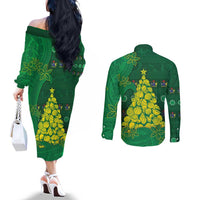 Cook Islands Christmas Couples Matching Off The Shoulder Long Sleeve Dress and Long Sleeve Button Shirt Seashell Xmas Tree Tribal Waves - Polynesian Pride