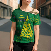 Cook Islands Christmas Cross Shoulder Shirt Seashell Xmas Tree Tribal Waves - Polynesian Pride