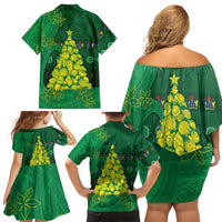 Cook Islands Christmas Family Matching Off Shoulder Short Dress and Hawaiian Shirt Seashell Xmas Tree Tribal Waves DT05 - Polynesian Pride