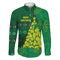 Cook Islands Christmas Family Matching Off Shoulder Short Dress and Hawaiian Shirt Seashell Xmas Tree Tribal Waves DT05 Dad's Shirt - Long Sleeve Green - Polynesian Pride